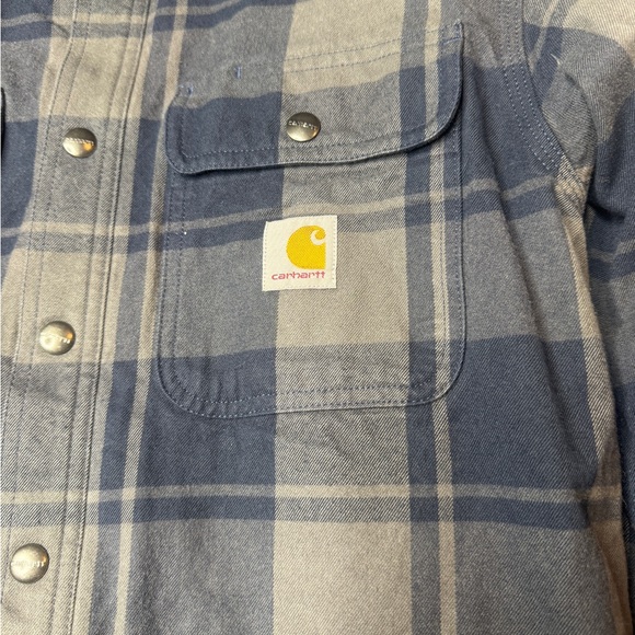 Carhartt Relaxed Fit Sherpa Lined Flannel Shirt Jacket Blue Plaid Med - Picture 2 of 10